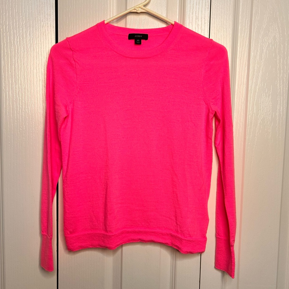 J. Crew Women’s Crew Neck Bright Pink‎ Wool Sweater Long Sleeve XS Lightweight